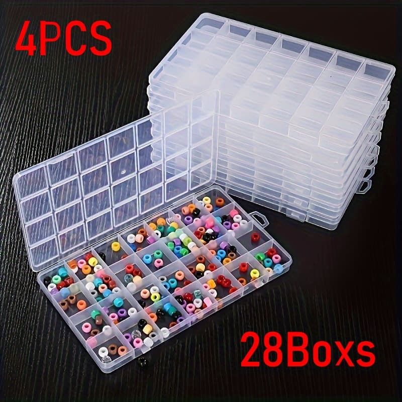 TEMU 4pcs 28-compartment Clear Plastic Organizer Box - Stackable Jewelry Beads Craft Storage Container With Transparent Lids, For Parts