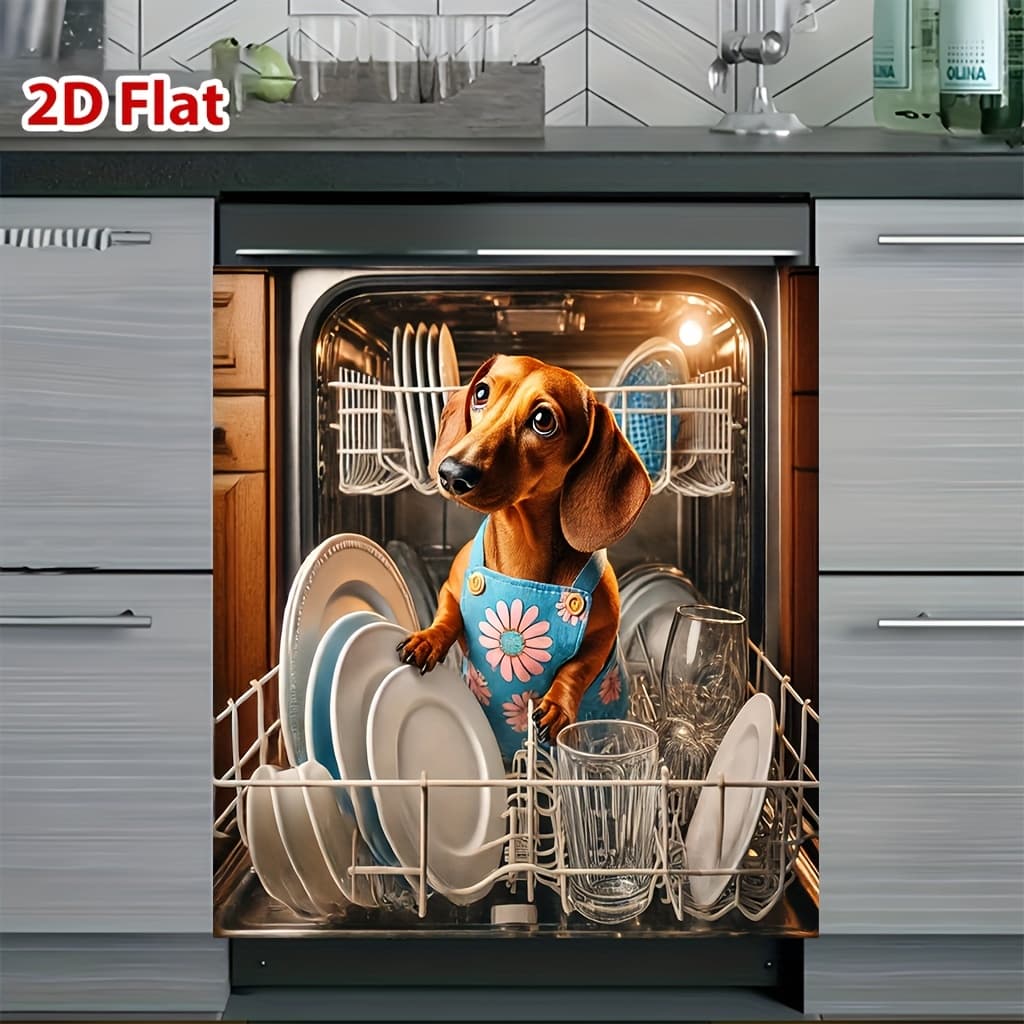TEMU 2d Flat, Dishwasher Door Cover With Dachshund In Dishwasher Design - Scratch-resistant Vinyl, Fits Most Standard Dishwashers, Easy To Clean, Backing, Dishwasher Decor | Kitchen Accessory | Easy