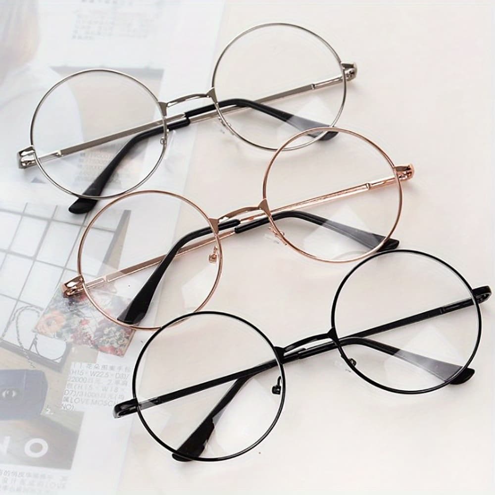 TEMU 3pcs Retro Round Frame Metal Glasses For - Anti-blue Light, Lightweight Korean Fashion Flat Lens, Stylish Unisex Eyewear For Daily Use & Work