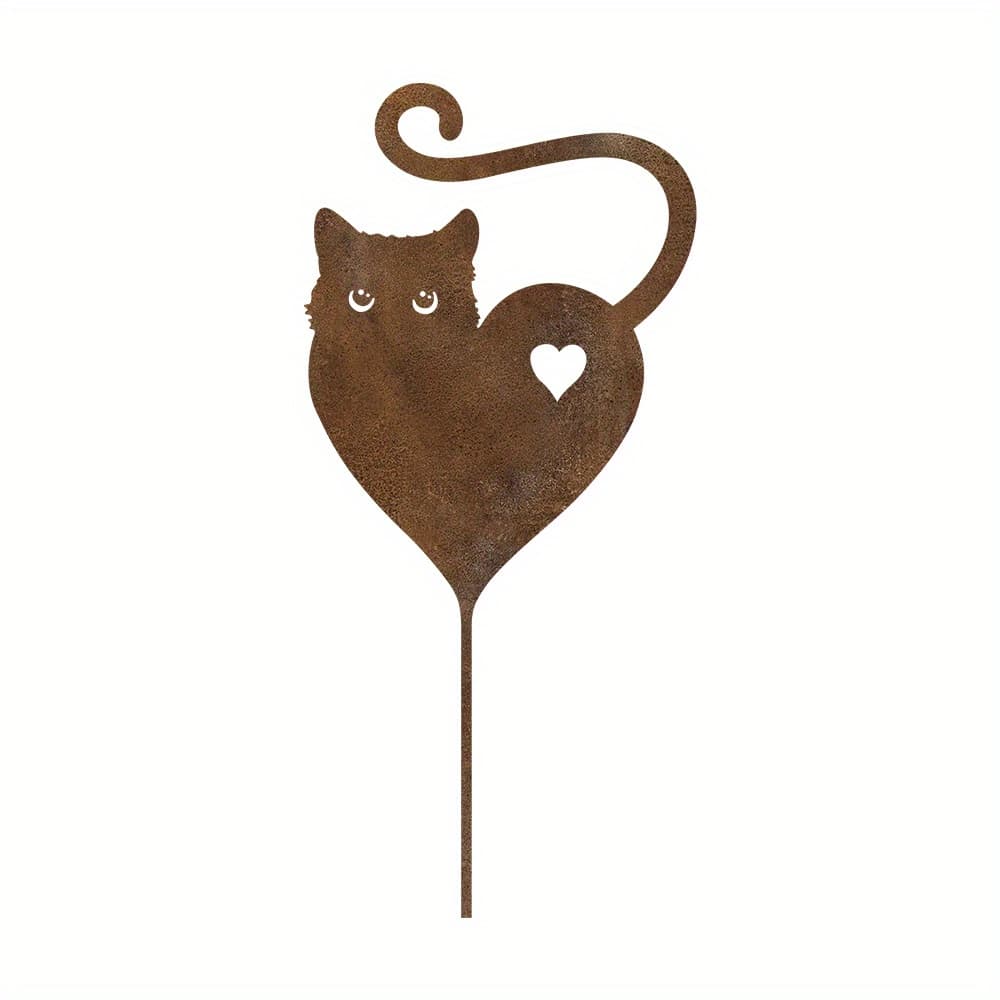 TEMU 1pc Rustic Cat Silhouette Metal Garden Stake - Heart & Cat Outdoor Decor, Weathered Rusty Yard Art For Mother’s Day, Patio, Or