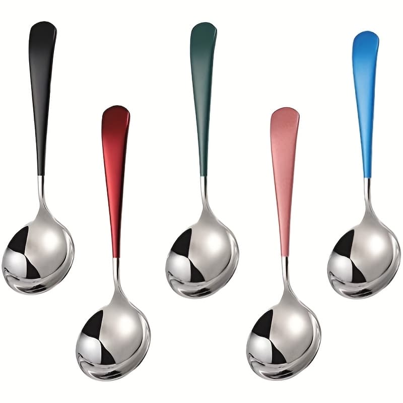 TEMU A Set Of 5 Stainless Steel Spoons With Modern Thickened Handles, Serving Soup, , Desserts, Milk, Tea, And Coffee.