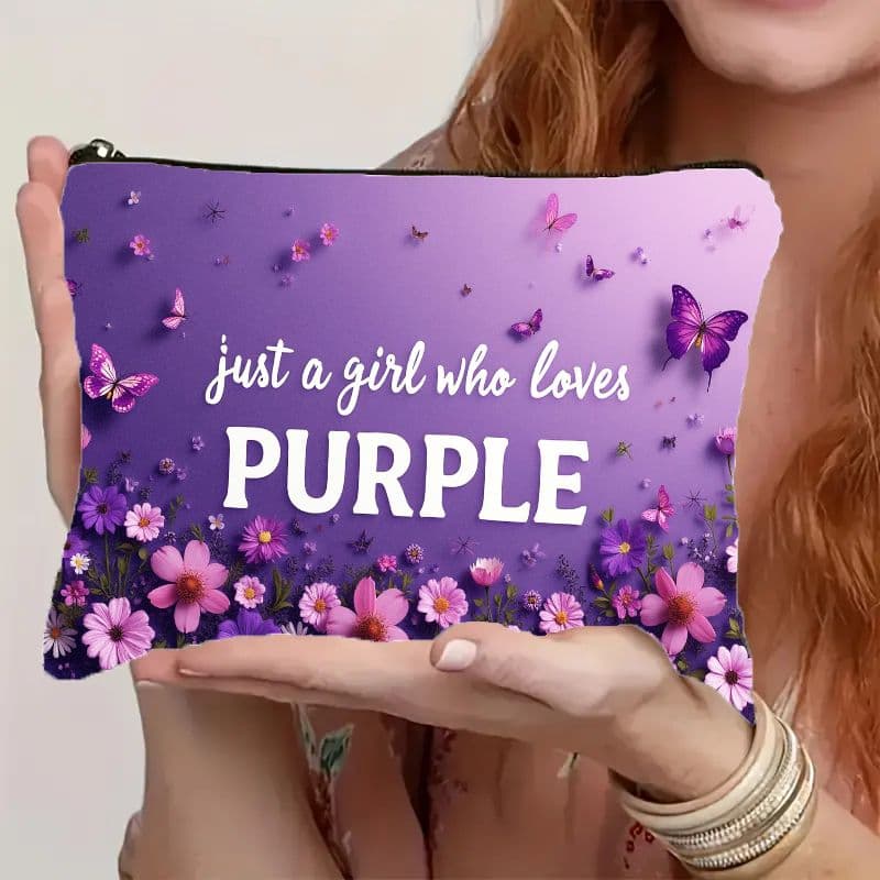 TEMU For Women & - Cute Purple Makeup Bag With " Who With Purple" , Floral & Design, Closure - Lightweight Travel Organizer Case, Compact Edc
