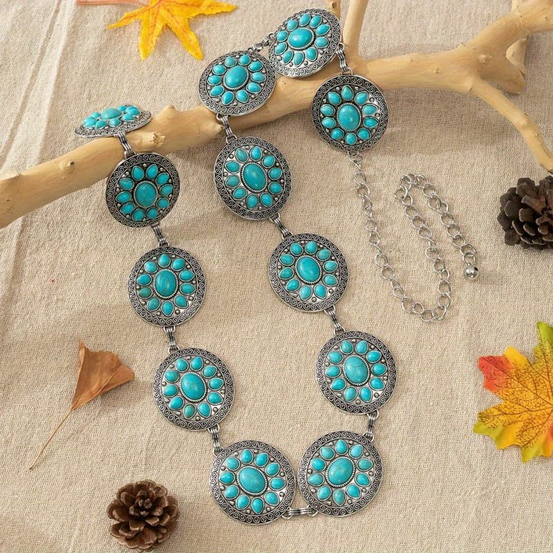 TEMU Bohemian Ethnic Handmade Jewelry Waist Chain Belt Turquoise Alloy Waist Seal
