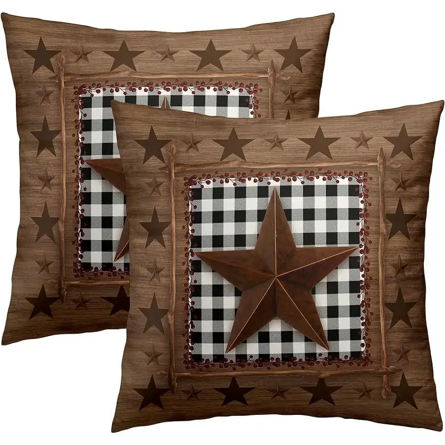 TEMU 2pcs, Polyester, Rustic Western Style Pillow Cover- 18x18 Inch Black White Pillow Cases Set Of 2 Vintage Style Stars Cushion Cover For Home Bedroom Sofa Decor, Single-sided, No Pillow Core