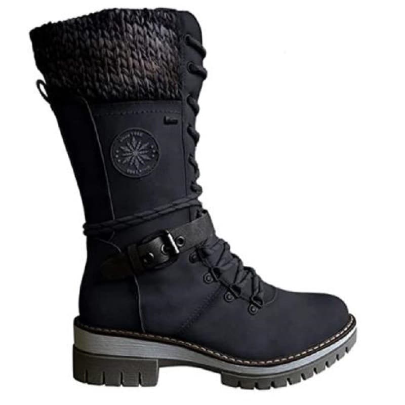 TEMU Women's Lace-up Mid-calf Square-heel Round-toe Stitched Boots For Winter Before 2025, Women Shoes