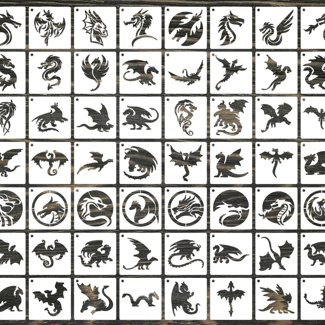 TEMU Set Of 56 Dragon Stencils For Painting, Each 3 Inches In Size, Reusable Templates Ideal For Crafts, Suitable For Painting On Wood, Walls, Cards, And Fabrics