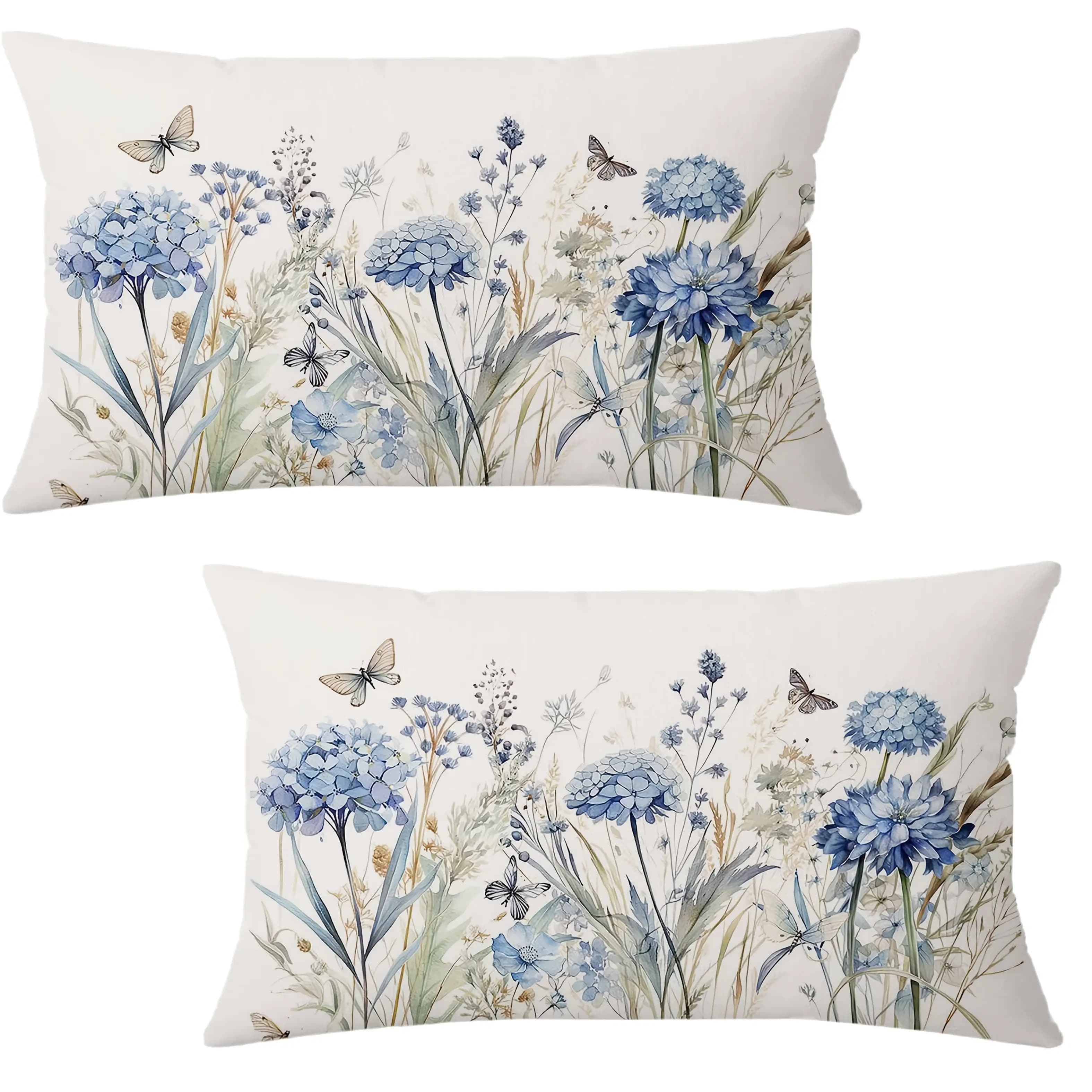 TEMU Spring Flowers Pillow Cover, 2pcs, Watercolor Floral Blue Decorative Throw Pillows Wildflowers Outdoor Patio For Sofa Couch Home Decor (single Side, No Pillow Core)