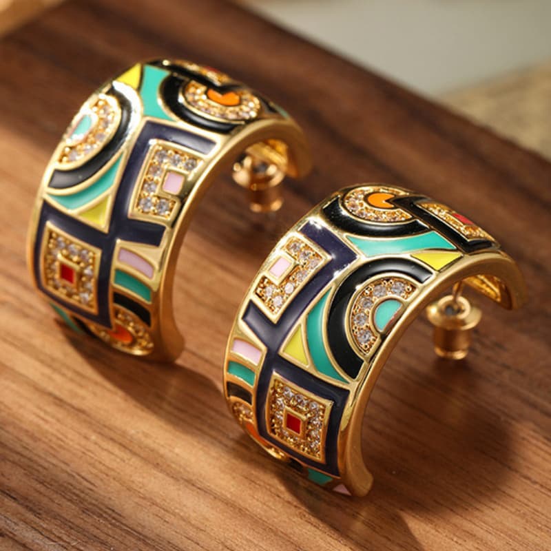 TEMU Fashion Golden Zirconia Women' Earrings, Vintage Colorful Enamel Stud Earrings, Unique Earrings For Daily And Parties, Handmade Jewelry