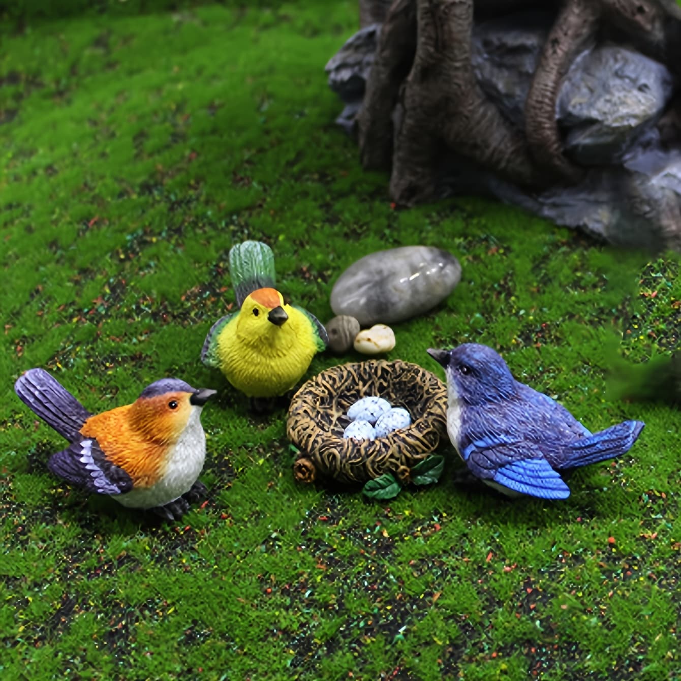TEMU 3pcs, Colorful 3 Little Birds Ornaments, Orange Green Resin Bird Crafts Decoration Figurines, Realistic Bird Nest Garden Bonsai Decoration Accessories