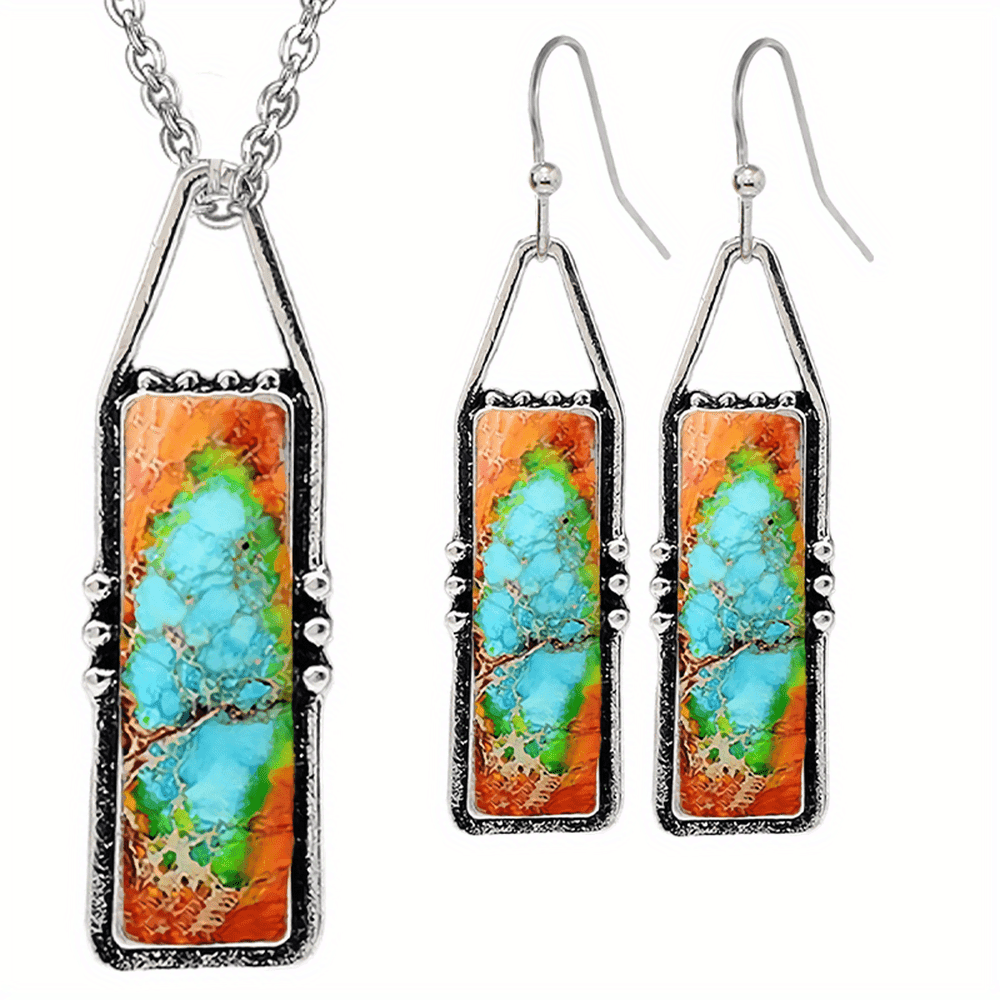 TEMU Fashionable And Creative Jewelry Set Geometry Retro Bohemian Pendant Necklace Earrings Set Exquisite And Perfect Festival Party Commemorative Jewelry Gift