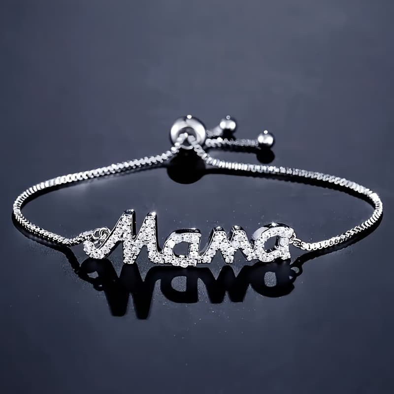 TEMU Elegant Adjustable "mama" Monogram Bracelet - Cubic & Metal, Bohemian Style Jewelry Gift For Mother’s Day, Easter, Birthdays, Casual Attire, Sophisticated Charm Bracelet | Jewelry