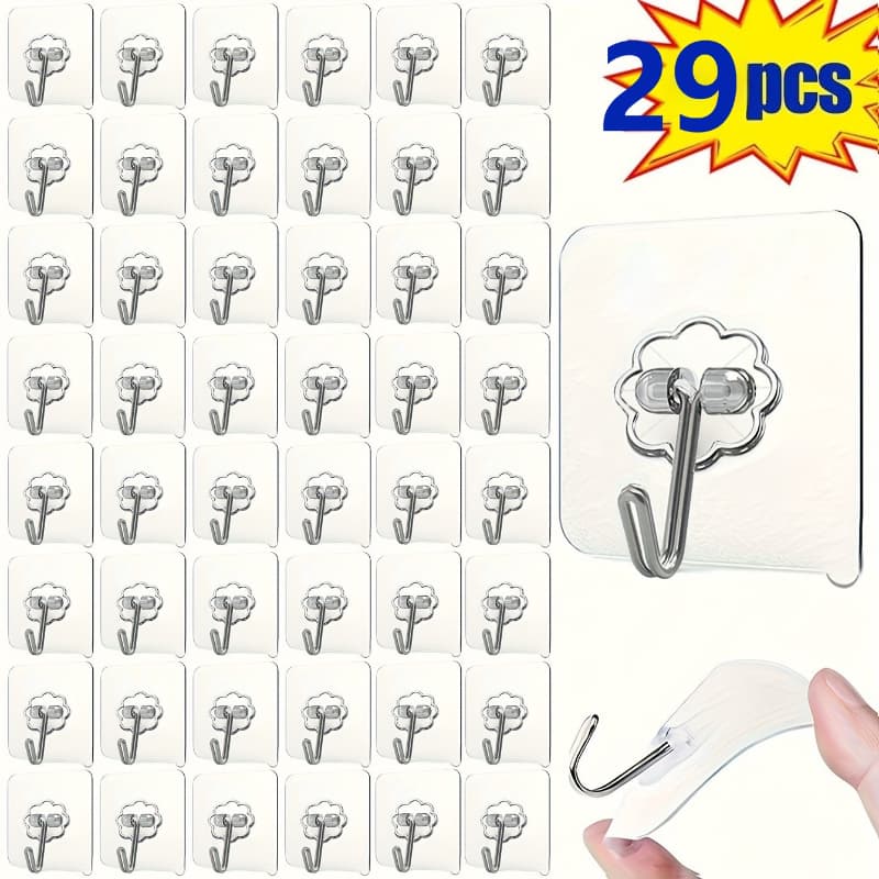 TEMU 29 Pack Heavy Duty Clear Hooks - No Residue Adhesive Wall Hooks For Bathroom, Kitchen, Office (holds Towels, Utensils, Keys) - Damage-free Removal, Space Saving Organizer, Plastic Hooks