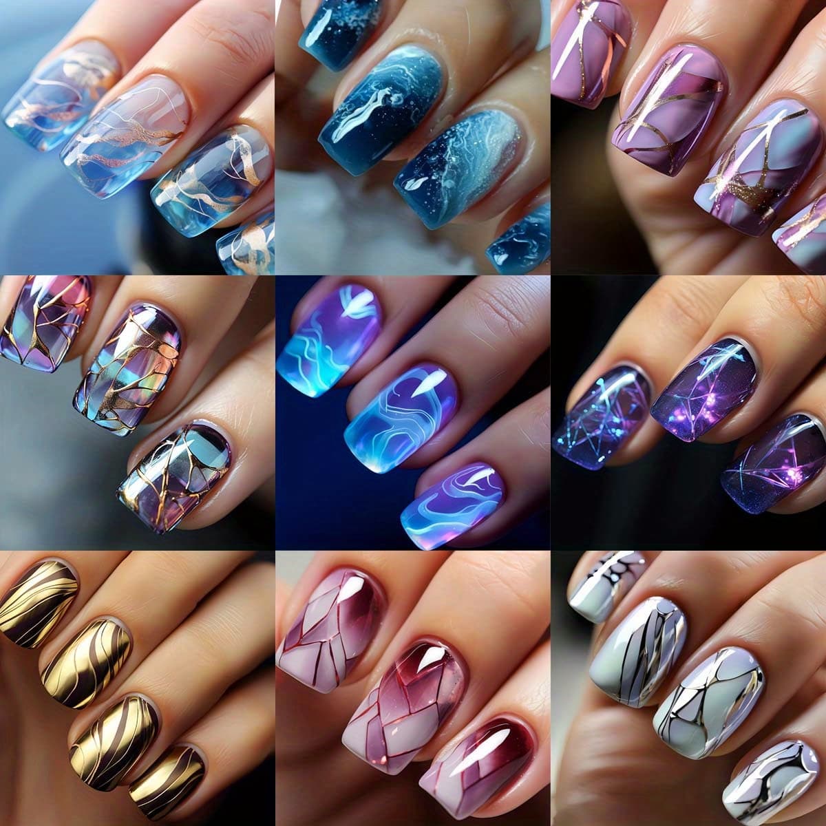 TEMU Press On Nails With Marble Texture 215pcs (9pcs) Fake Nails Brown Lines Acrylic Nails Glossy Yellow Short Square Shaped False Nails Full Cover Stick On Nails For Women Diy Manicuare