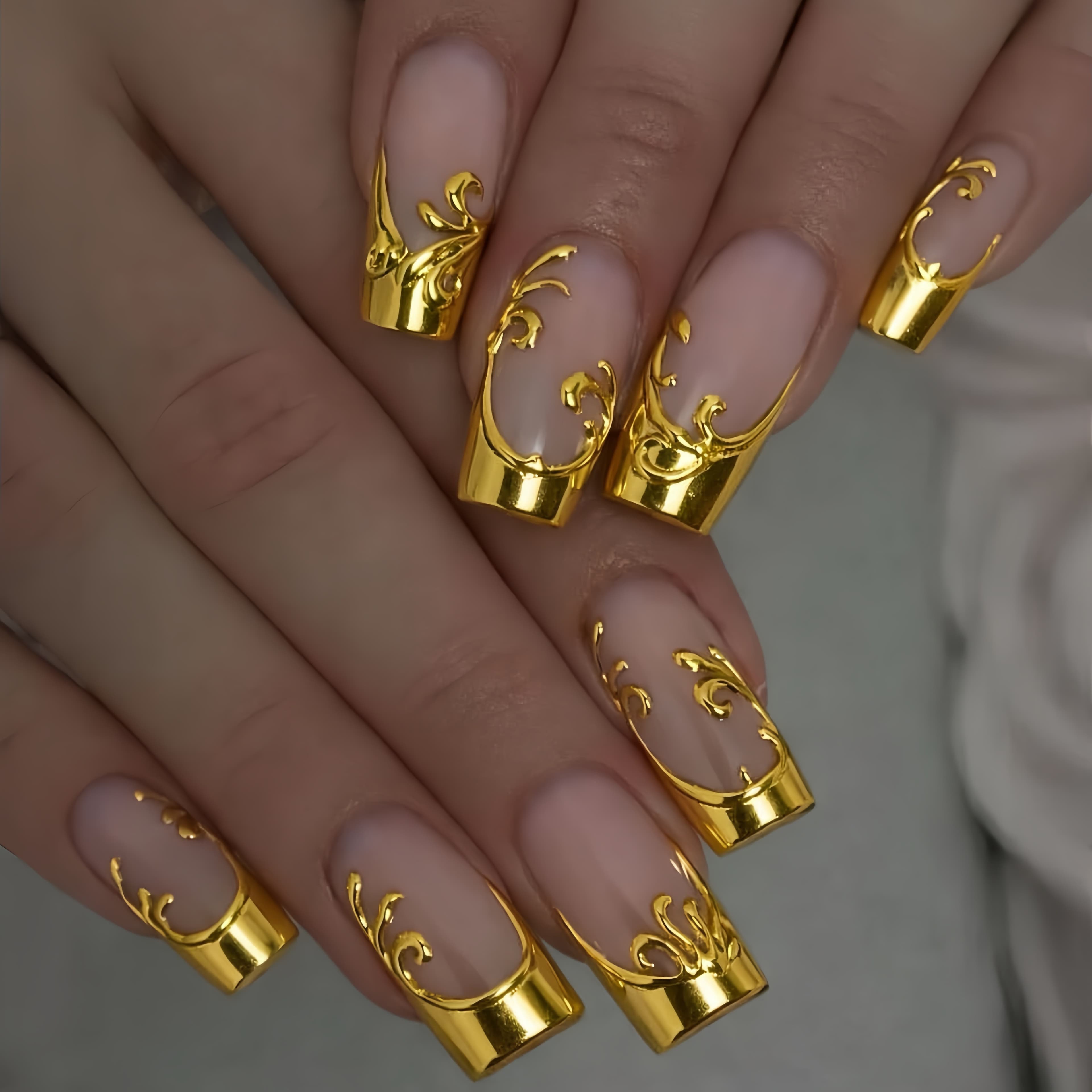 TEMU 24pcs Qianxing Nude -on Nails Suitable For Women, Long Square Glossy Fake Nails With Gilded Carved Tip & Base, Reusable Wedding Manicure, Removable Extensions For Parties, Prom,