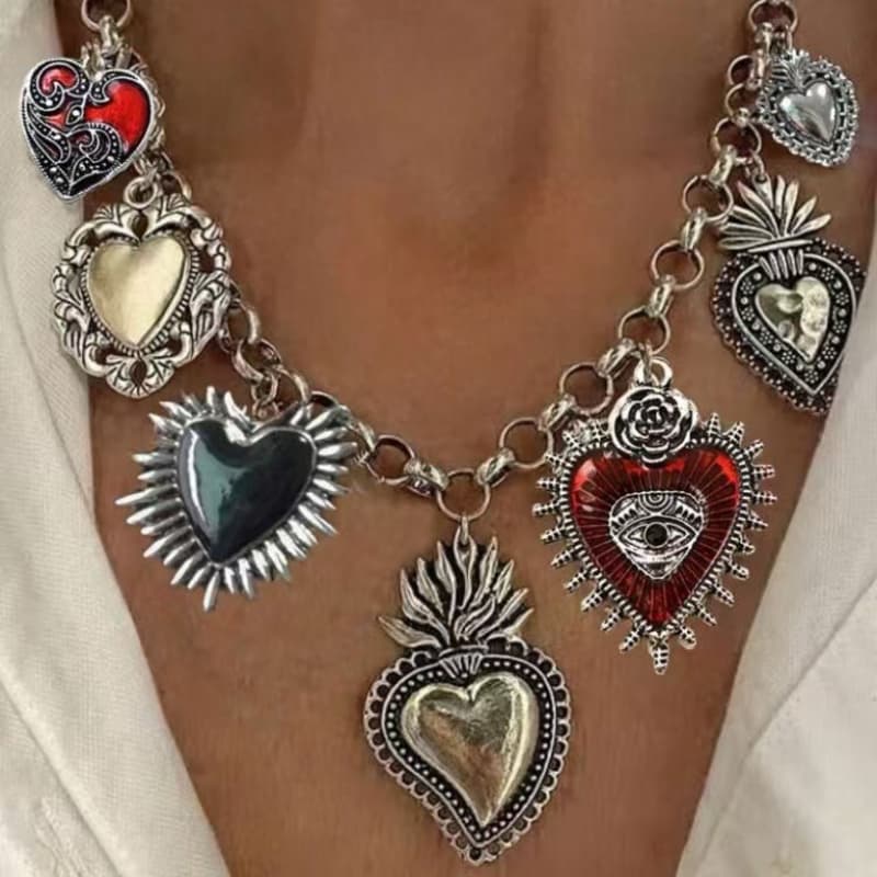 TEMU A -style Necklace Featuring A Multi-holy Heart Pendant On A Silvery Chain, Designed For Women, Blending European And American Aesthetics