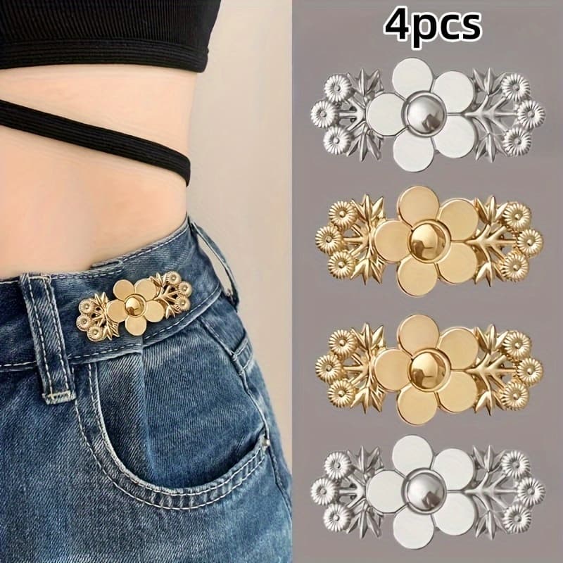 TEMU 4pcs Set Of Floral Pattern Jeans With Waistband Tightener, Instantaneous Snap-fastening Metal Adjuster, Detachable Seamless Knit Design, Adjustable Belt Floral
