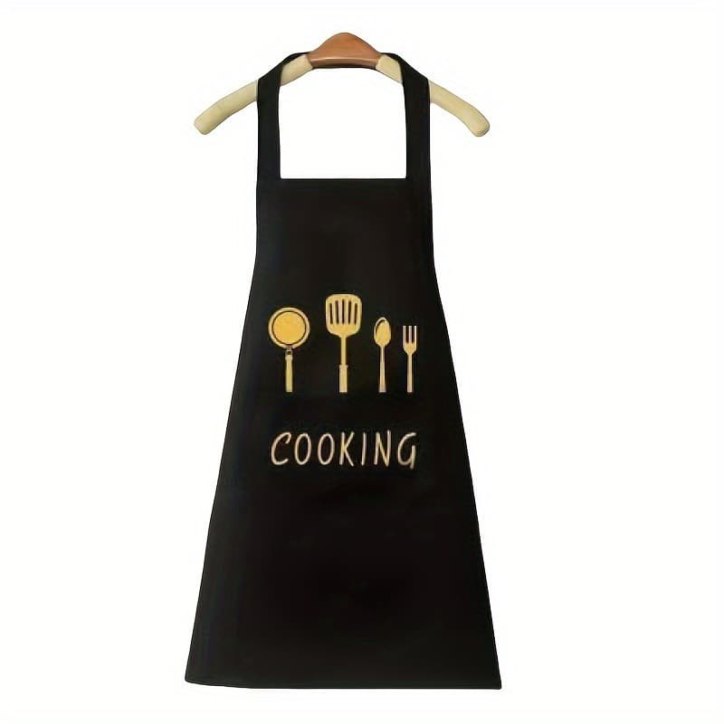 TEMU 1pc Polyester Cooking Apron With Pockets, Hand Washable, Design, Ideal For Kitchen And Restaurant Use, In With Chef Hat And Utensil Illustrations