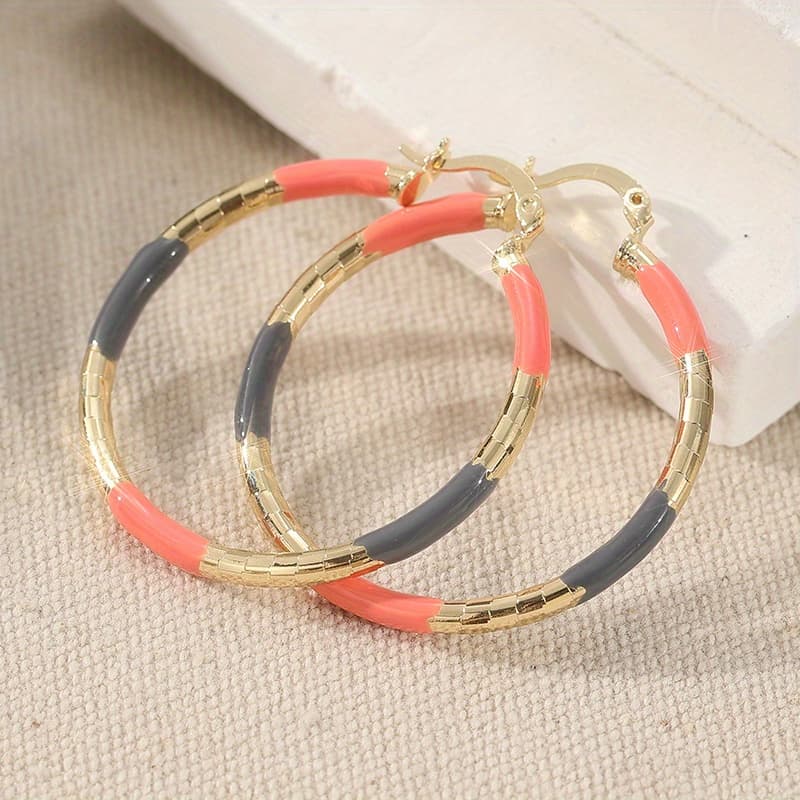 TEMU 1 Pairs Trendy Golden Pink Copper Round Hoop Earrings For Women Fashion Jewelry Accessories Birthday Wedding Party Gift