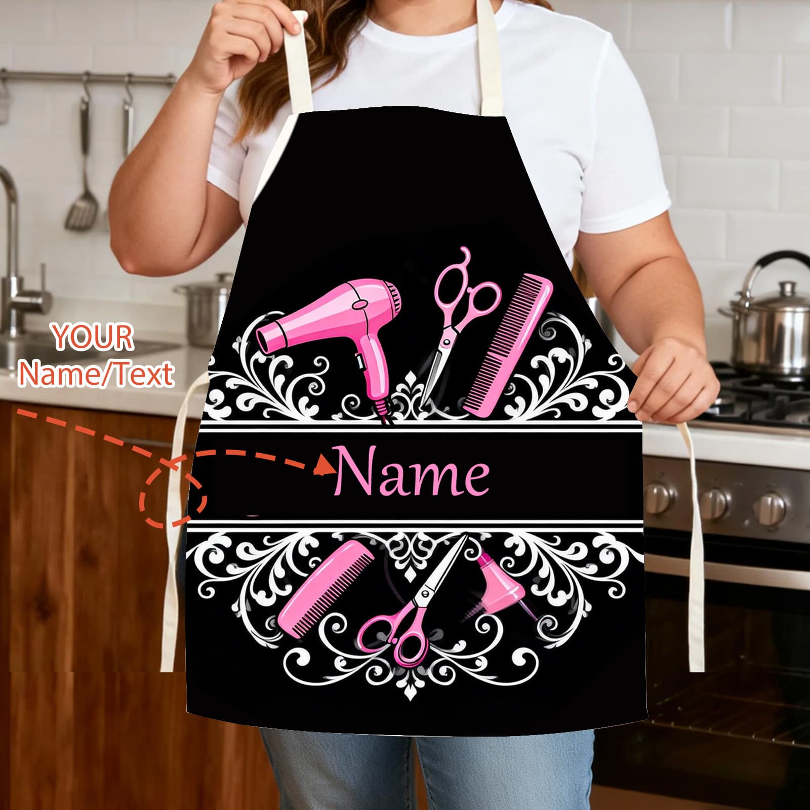 TEMU 1pc Custom Name 2d Flat Printed Creative Hairdresser Pattern Print Work Apron, Apron With - Fashion Gardening Work Apron, 2d Flat