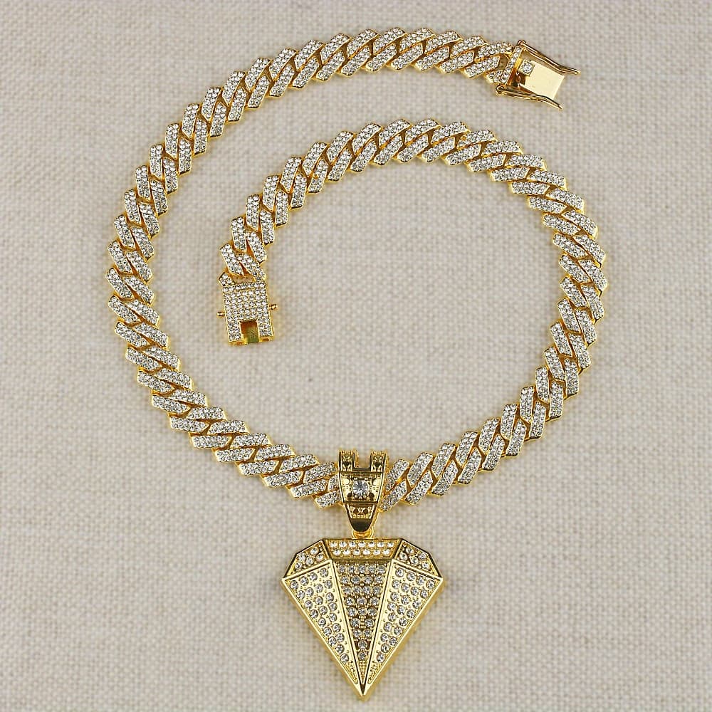 TEMU 1pc Rhinestones-shaped Rhinestones Pendant Ice Cuban Chain Necklace - Hip Hop Punk Style Golden-tone Jewelry For , Unisex Luxury Accessory, Hip Hop Necklace, Sparkling Rhinestones