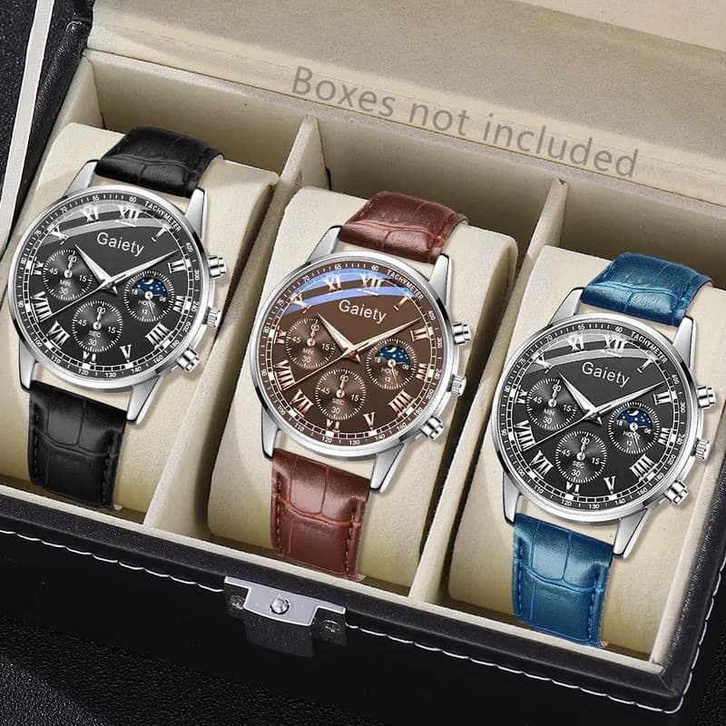 TEMU 2pcs/3pcs Casual Men's Watch Set, Faux Leather Strap, Quartz Movement, Business And Stylish Men's Watch Set