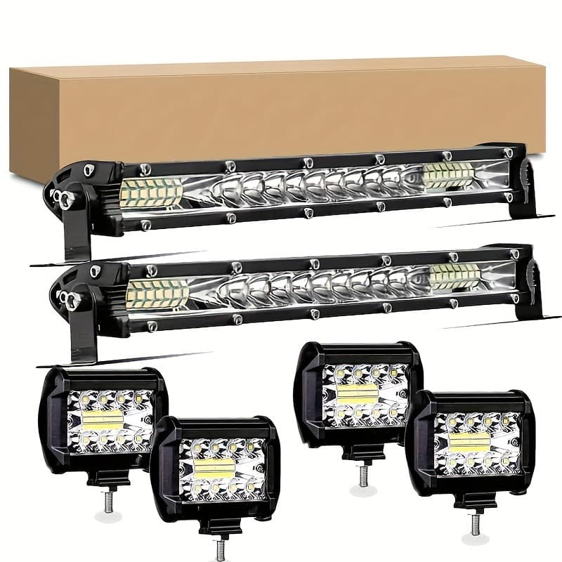 TEMU Led Light Bar & Work Light Combo Kit, White Light, Universal Fit For 4x4 Offroad Vehicles, Trucks, Suvs, - 2 Light Bars + 4 Pods Set