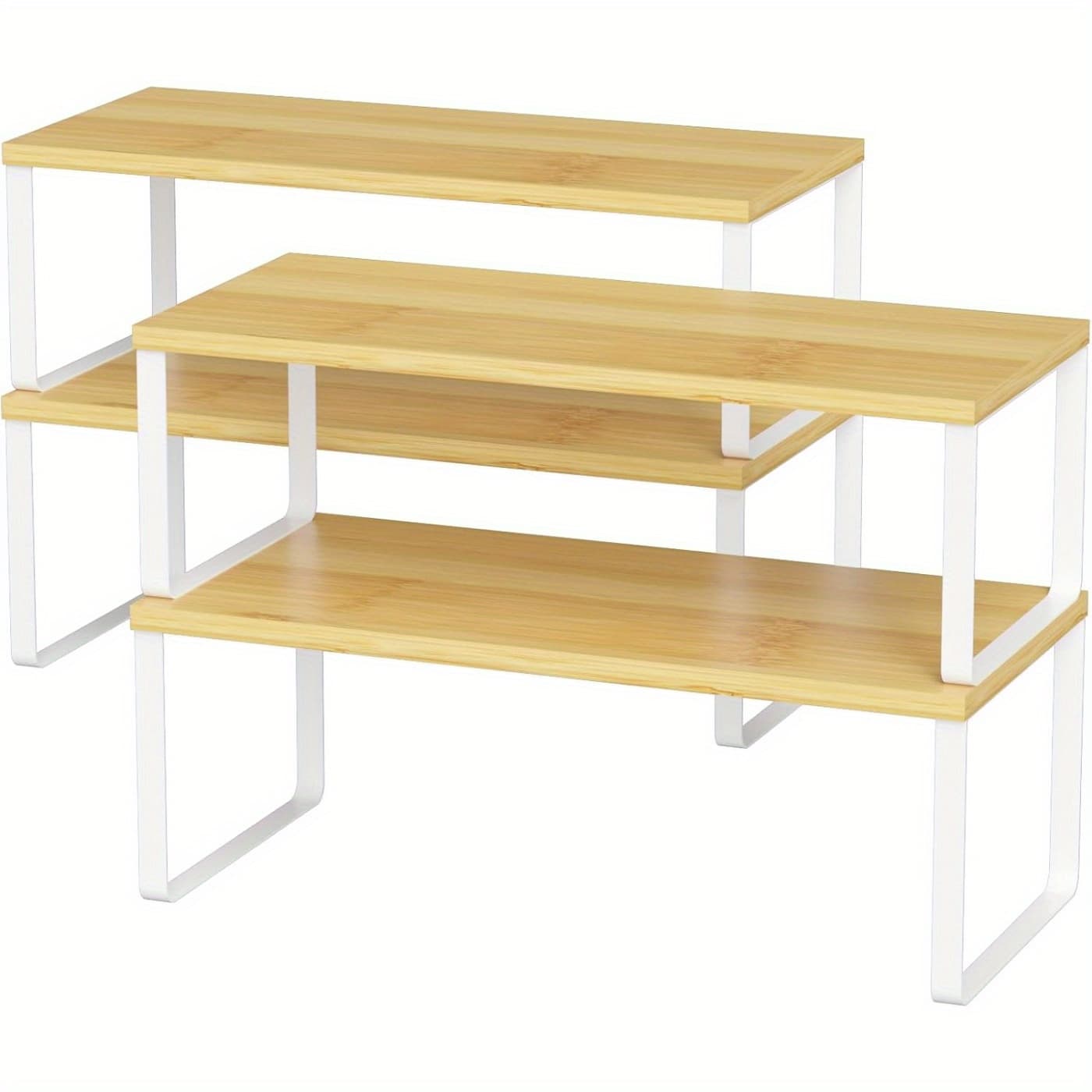 TEMU Four-piece Stackable Desktop Organizer With Multifunctional Combination Structure For Clocks, Plants, Candles And Books In Elegant White And Natural Bamboo Finish