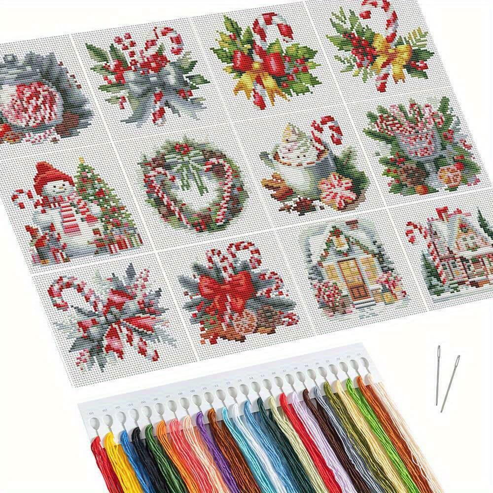 TEMU 12pcs Cross Stitch Snowman Needlework Embroidery Kit Printed Canvas Craft Supplies Art Craft Christmas Gift Home Decor