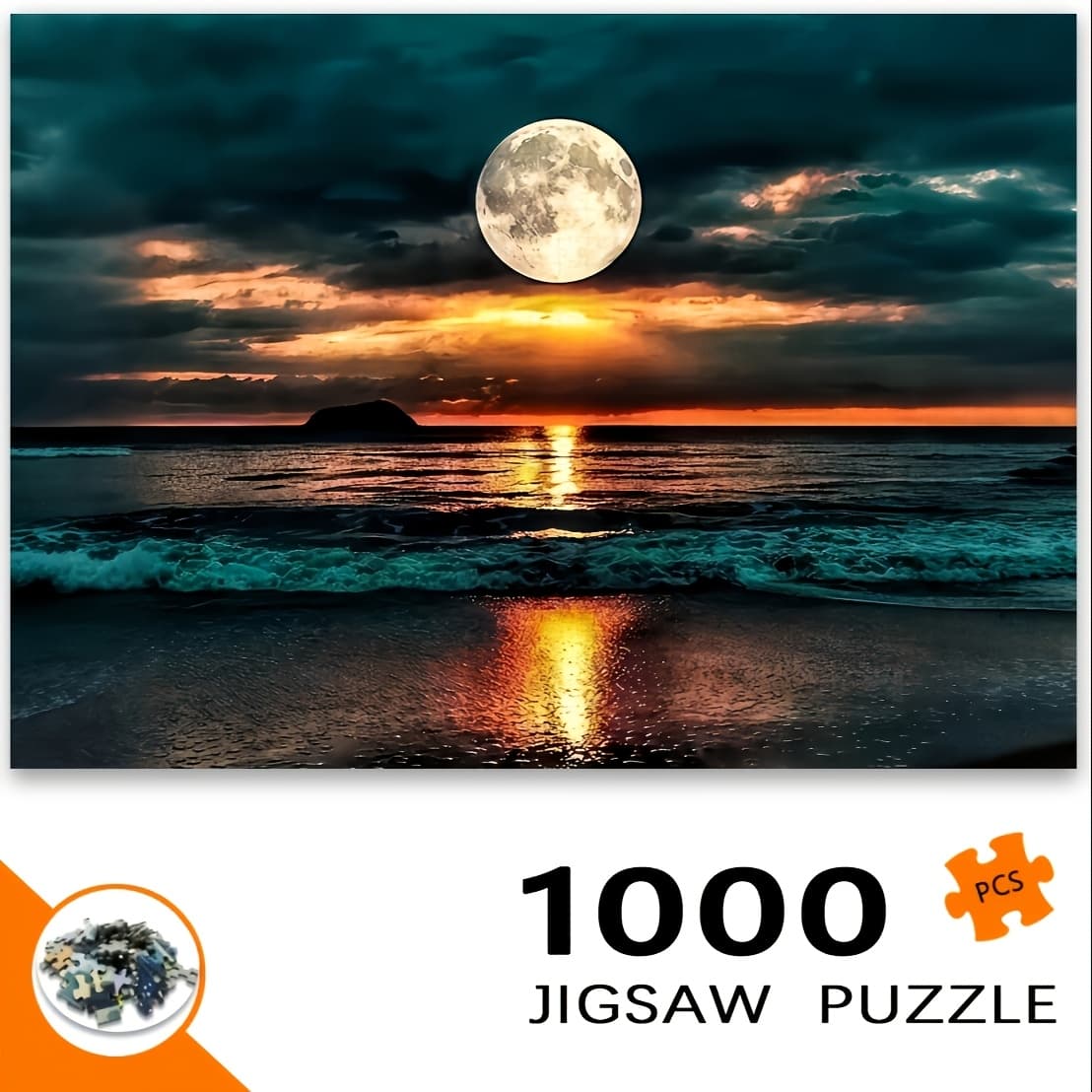 TEMU 1000pcs Adult Puzzle - Moonlight Beach Sunset , , Orange, Yellow, Brown Tones - Challenge For Adults And Puzzle Enthusiasts - Portable Wall Decoration - Birthday, Christmas, Halloween