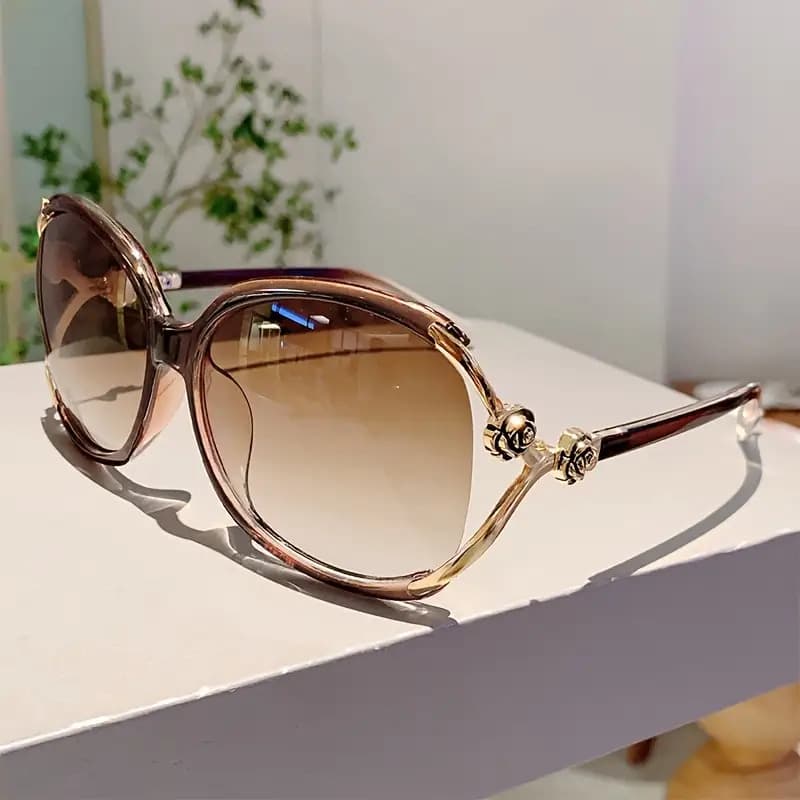 TEMU Women's Camellia Pattern Square- Lightweight Large Frame With Golden-tone Accents, Black And Eyewear For Casual And Formal Outfits, High-end Exquisite Style