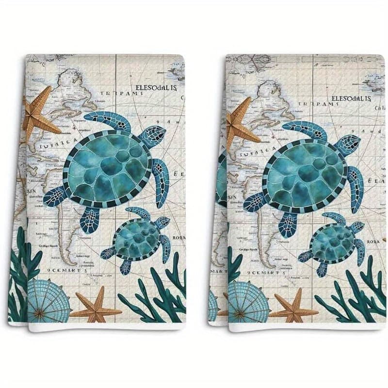 TEMU 2pcs 18x26 Inch Coastal Sea Turtle Hand Towels, Beach Ocean Animal Kitchen Dish Towels Absorbent Soft Nautical Dishcloths For Kitchens Homes Bathrooms Restaurant Hotel Cafe Farmhouse Decor