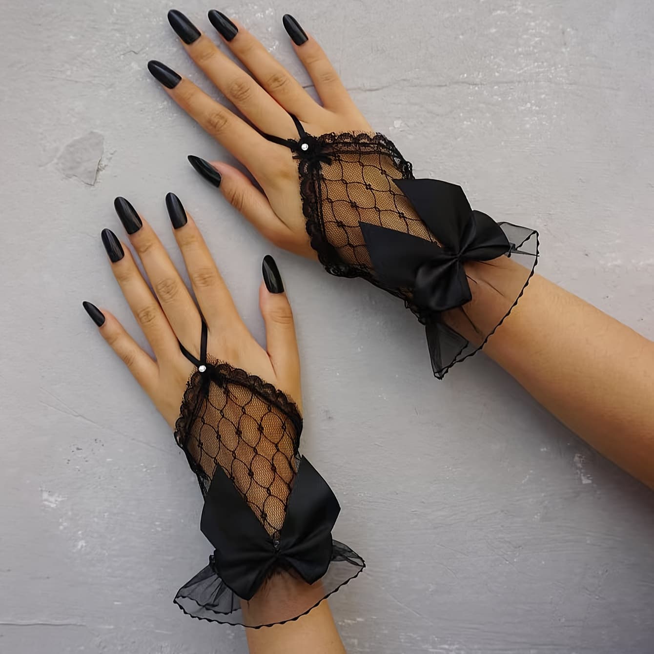 TEMU Black Y2k Punk Style Fingerless Gloves With Bowknot And Lace Accents - Non-elastic Texture, Suitable For Women' Wear, Parties, And Wedding Decor, Featuring Decorative Bowknot Embellishments
