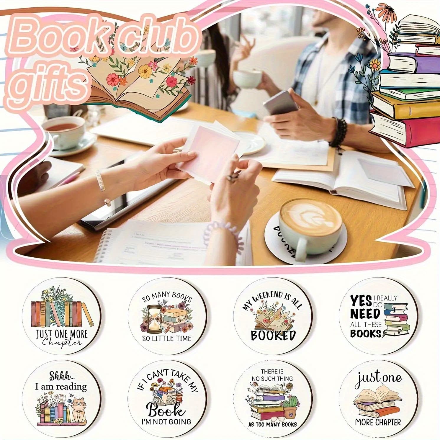 TEMU 8 Book Coasters, Wooden Coffee Coaster Gifts Suitable Book Lovers, Librarians, Group Library Decoration Supplies
