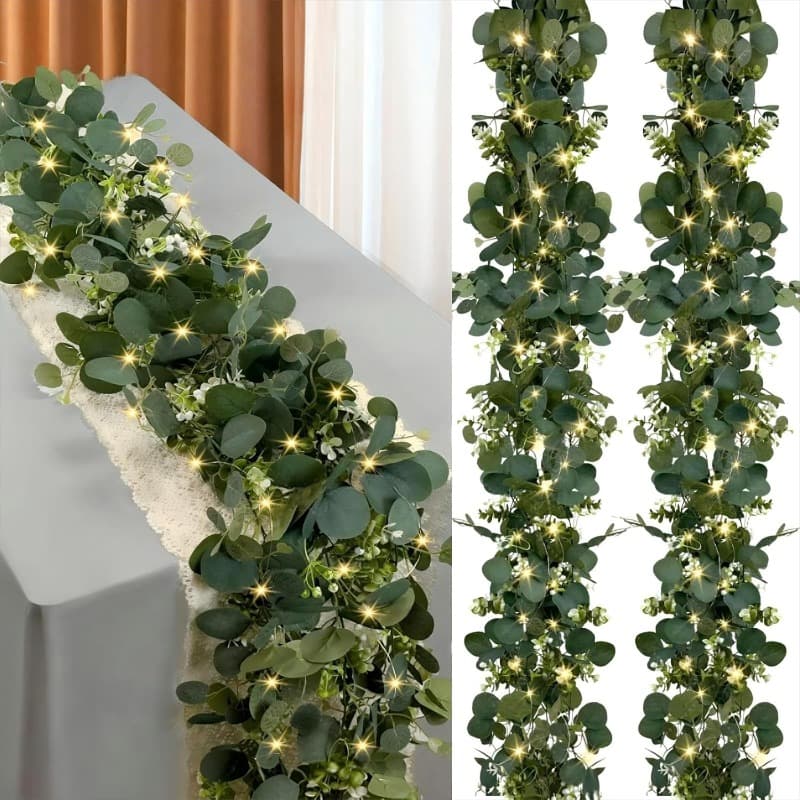 TEMU 4pcs 6ft Lighted Eucalyptus Wreath With Battery- Artificial Eucalyptus Garland Suitable For Wedding Centerpieces, Table Runners, Valentine' Day Decorations, Battery- Warm Color Plastic Vine For /