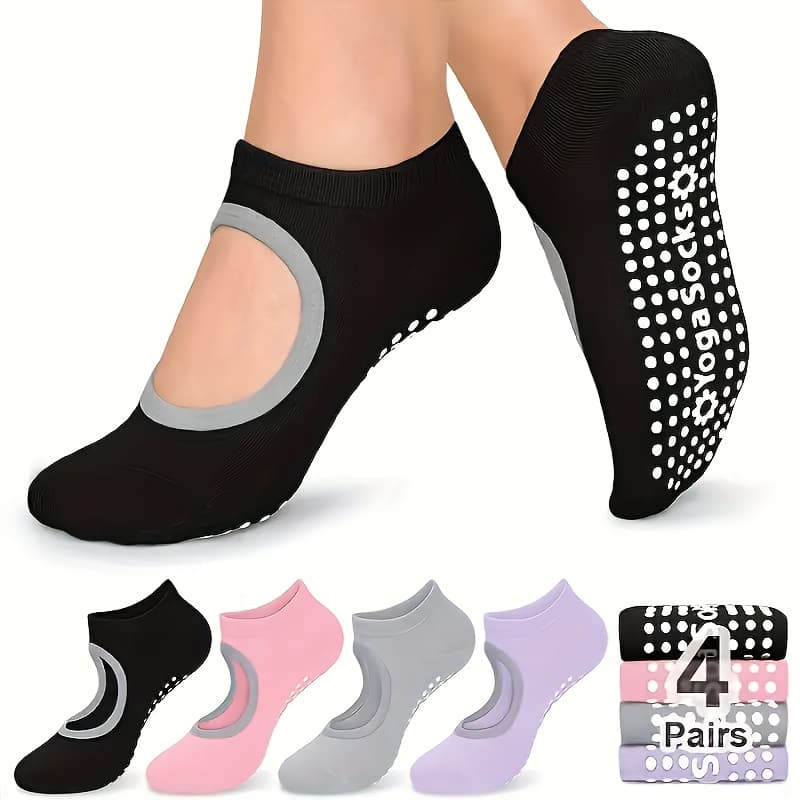 TEMU 4 Pairs Women's Non-slip Grip Yoga Socks, , With Safety Silicone Dots - In Colors For
