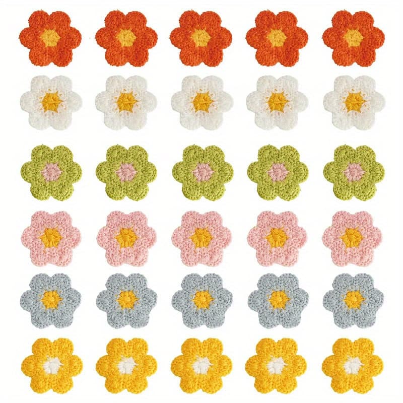 TEMU 30pcs Crochet Flower Applique, Small Yarn Sew On Floral Patches For Sewing Craft, Doll Scrapbooking Hair Accessories Jewelry Decoration
