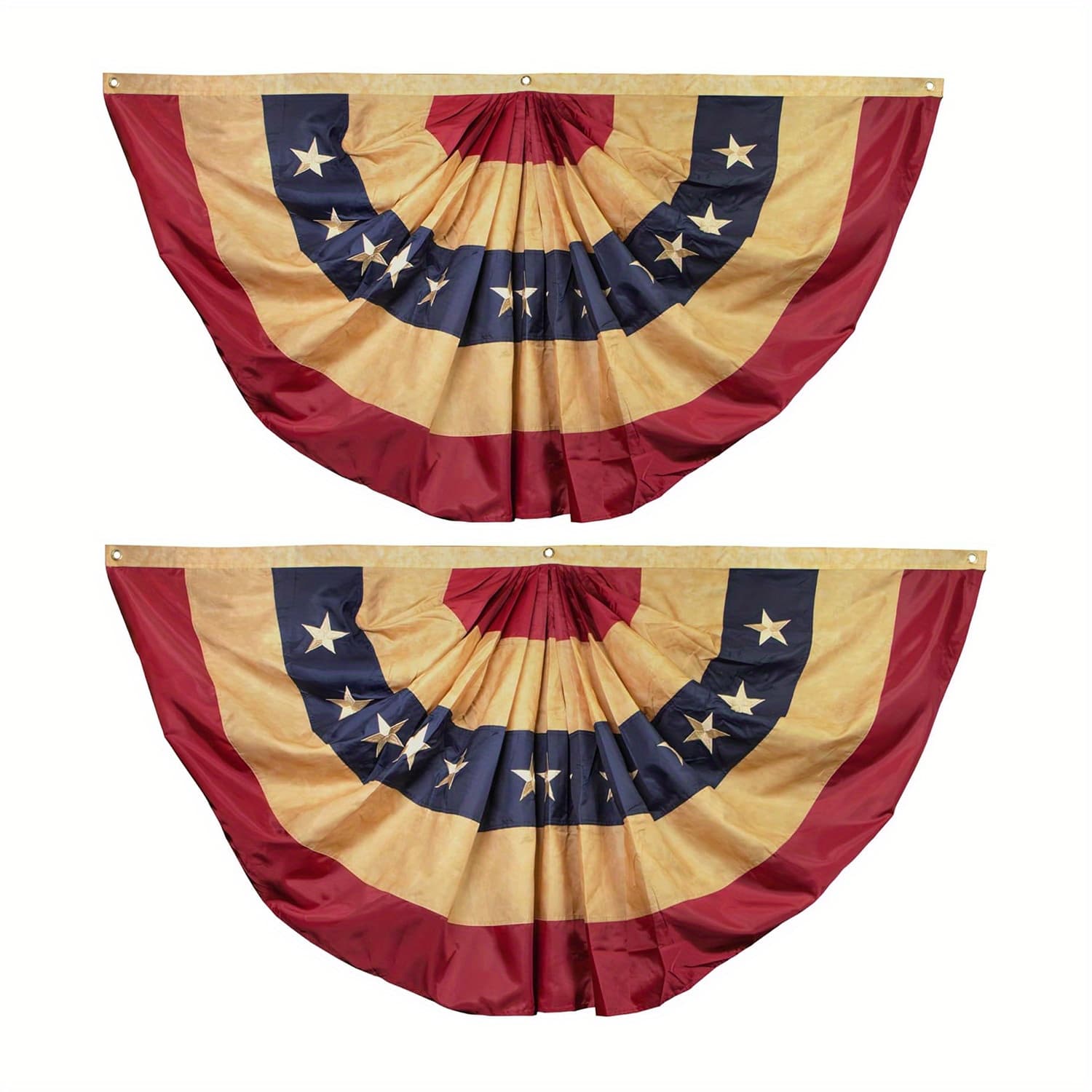 TEMU 2 Pack Vintage Style Tea Stained Usa Pleated Fan Flag 1.5x3 Foot - Embroidered Stars And Sewn Stripes - 4 Of Lock Stitching - Antiqued Usa Pleated Fan Flags With Brass Grommets 1.5 X 3ft