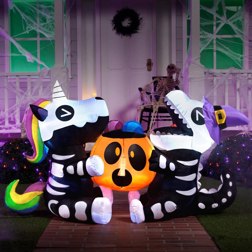 TEMU 6 Ft Long Halloween Inflatables Outdoor Decorations, Blow Ups For Yard Decorations, Sitting Inflatable Skeleton Unicorn And Dinosaur Hold Pumpkin For Outside Halloween Decor