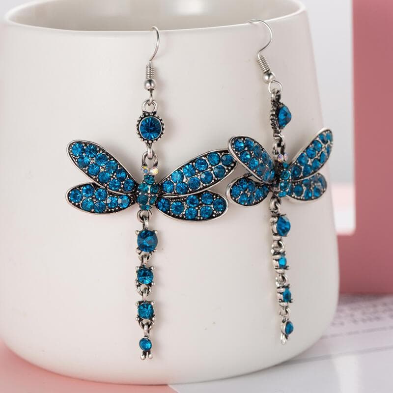 TEMU Set Of 2 Stylish Dragonfly Earrings With Tassels, , Inlaid With Blue Rhinestones, Perfect For Women At Parties, Banquets, And