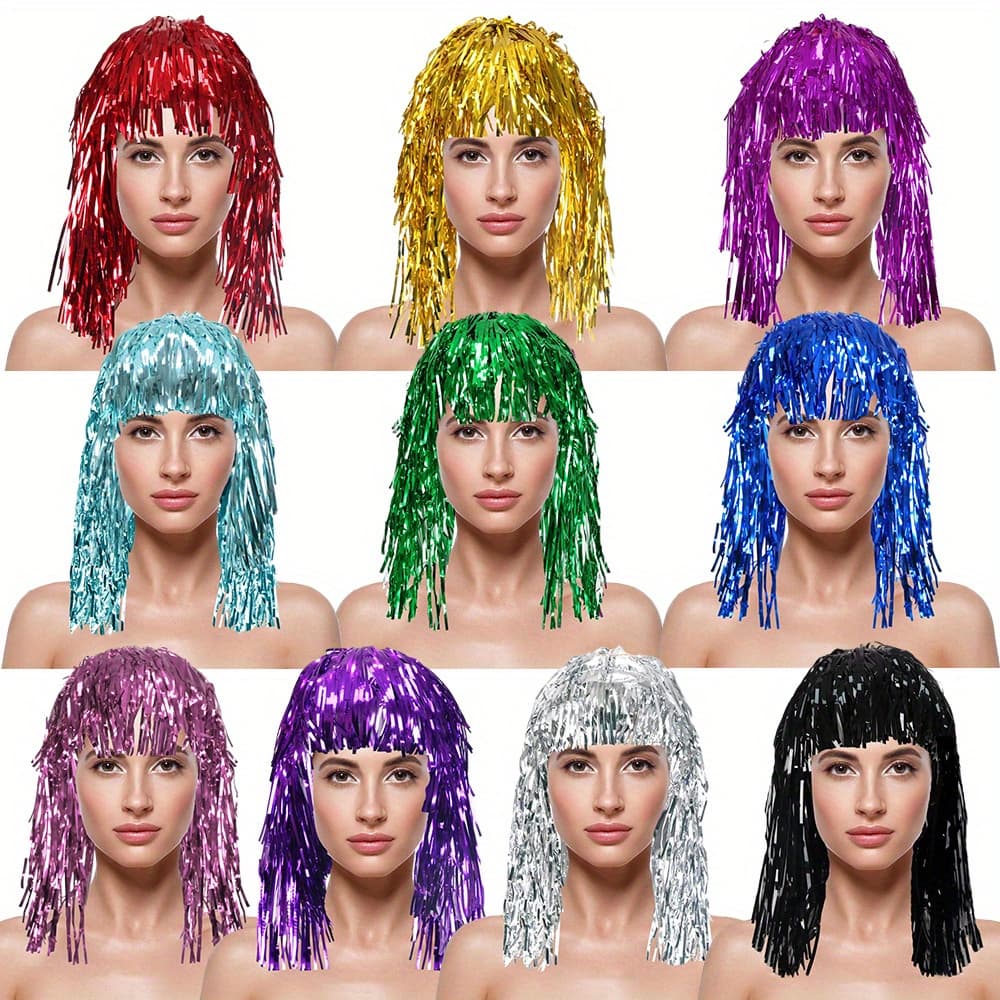 TEMU 10pcs Multi-colored Glitter Tassel Hat, Shiny Party Costume Wig, Disposable Wig Props, Adults Cosplay Supplies, Suitable For Birthday Party/ Makeup Ball/ Halloween/ Christmas Party, Ten Colors