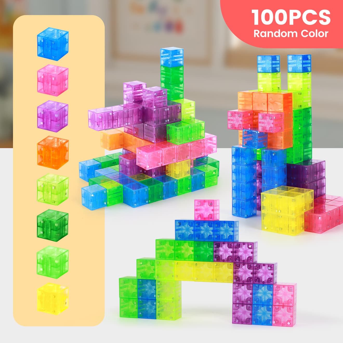 TEMU 100pcs Magnetic Building Blocks Toy | Random Colorful Transparent Cube Construction Set | Learning Toy | Ideal Christmas & Birthday Gift For