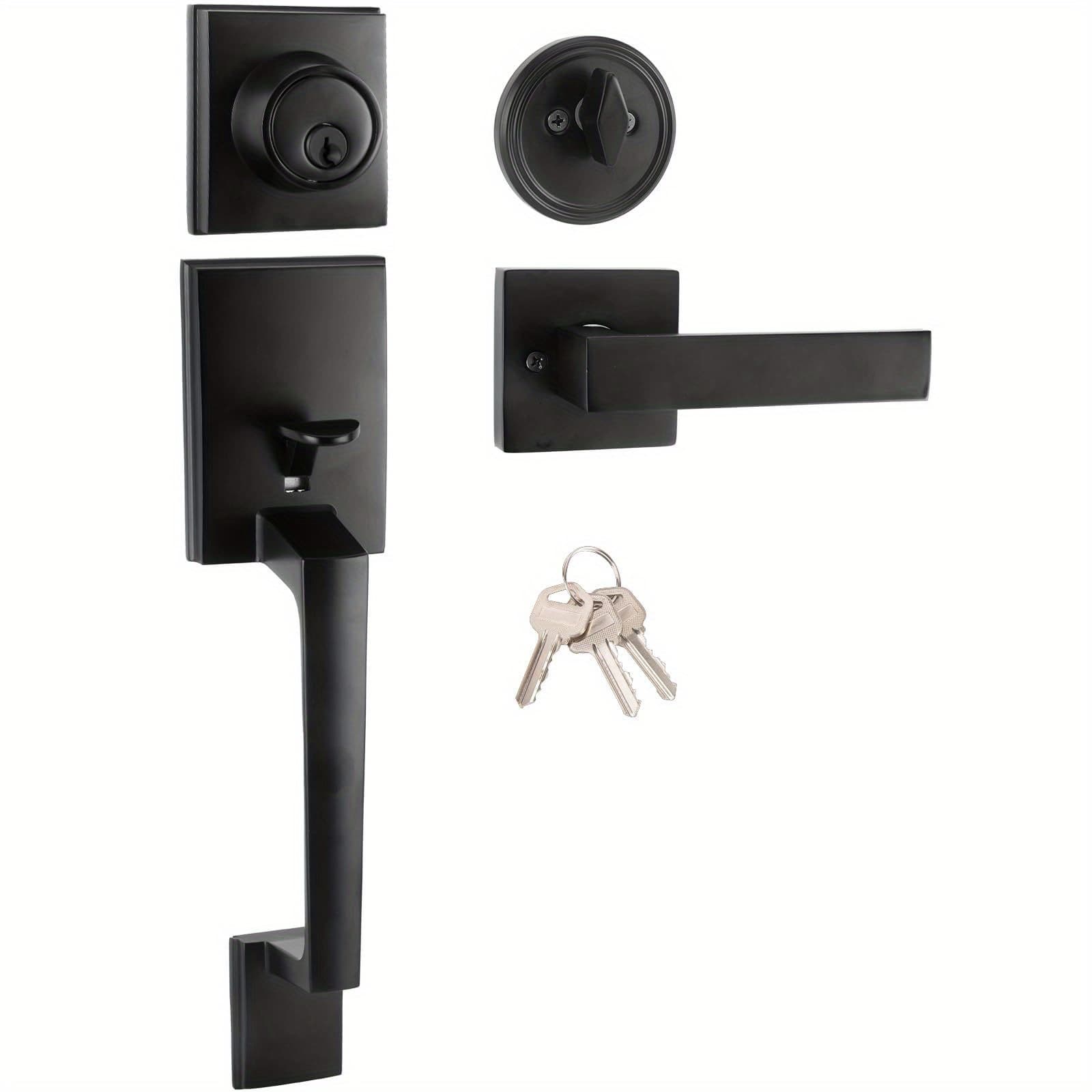 TEMU Front Door Handle Exterior Door Handle Set, Black Front Door Handle And Deadbolt Set, Single Cylinder Front Entry Door Handle And Lock Set With Lever Door Handle, Reversible For