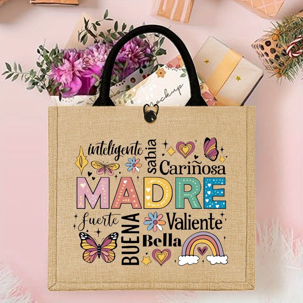 TEMU Product For Day Jute Bag, Mother Tote Bag, Gift For Mum, , Printed Handbag With Large Capacity And Trendy Durable Bags For Outdoor Picnic, Party, Traveling, Shopping