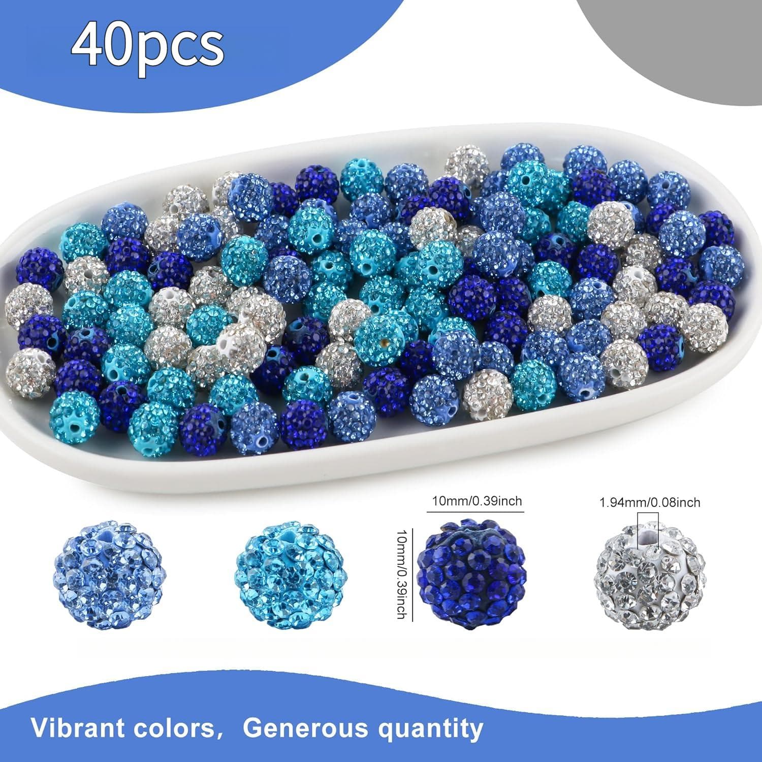 TEMU 40pcs 10mm Mixed Color Beads Royal Blue And White Round Shiny Clay Crystal Disco Ball Beads Suitable For Jewelry Making Bracelet Necklace Supplies For Personalized Ornament Design