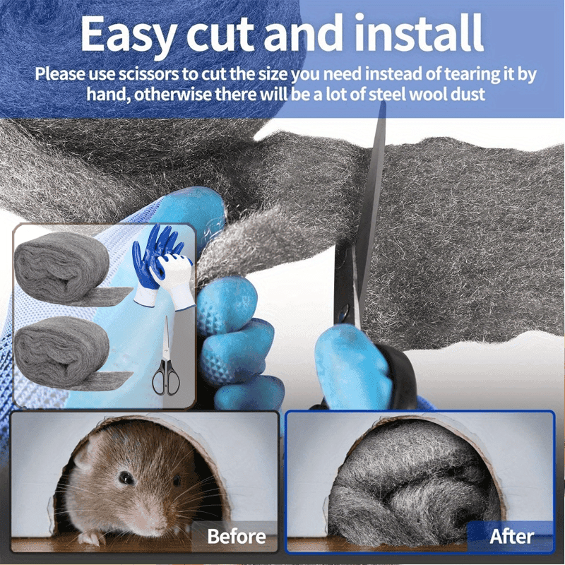TEMU Rodent Proof Steel Wool Pack Of 2 With Gloves And Cutting Tools, 3.2" X 10.5", Diy Tool Kit For Home And Garage, Filler For Garden, Wall Panels, Pipes, And Ventilation