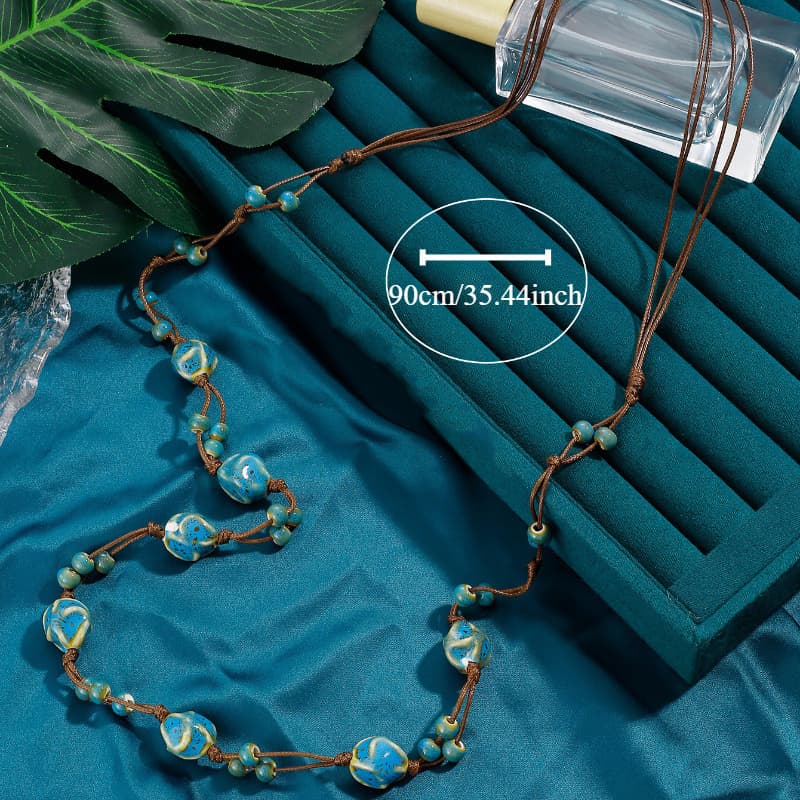 TEMU 1pc Handcrafted Irregular Blue Beaded Long Necklace, Lightweight Durable For Daily And Gifting