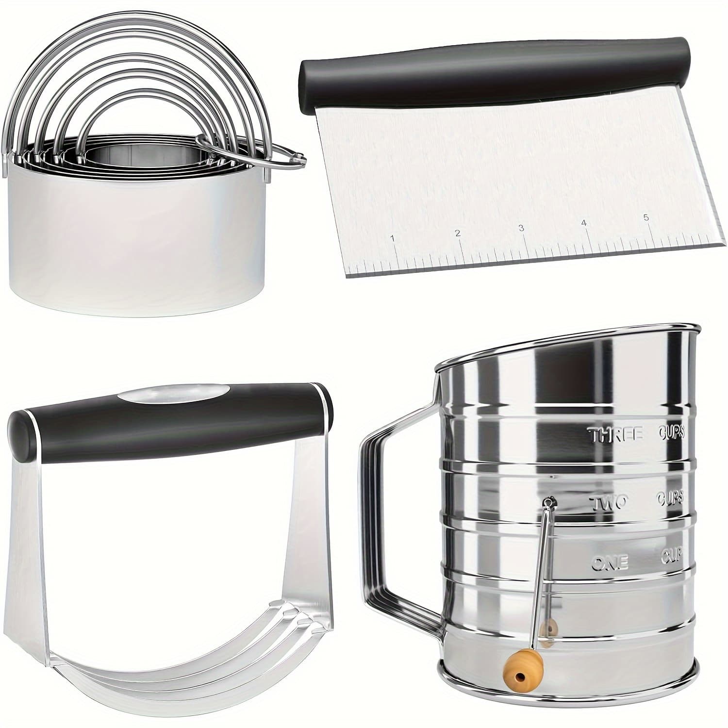TEMU 8pcs Stainless Steel Cookie Cutter Set, Flour Sifter, Pastry Scraper And Dough Mixer, Durable With Ergonomic Rubber Handle, Professional Baking Tools, Baking Kit, Baking Accessories