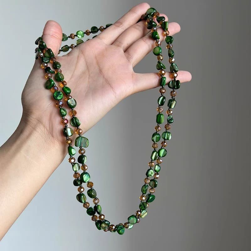 TEMU 1pc Bohemian Vintage Beaded Necklace - Long Green & Brown Suitable For, Stackable Beads, Minimalist For Daily Wear, Parties, Gift, Layering Piece (no Plating, Bead Colors)