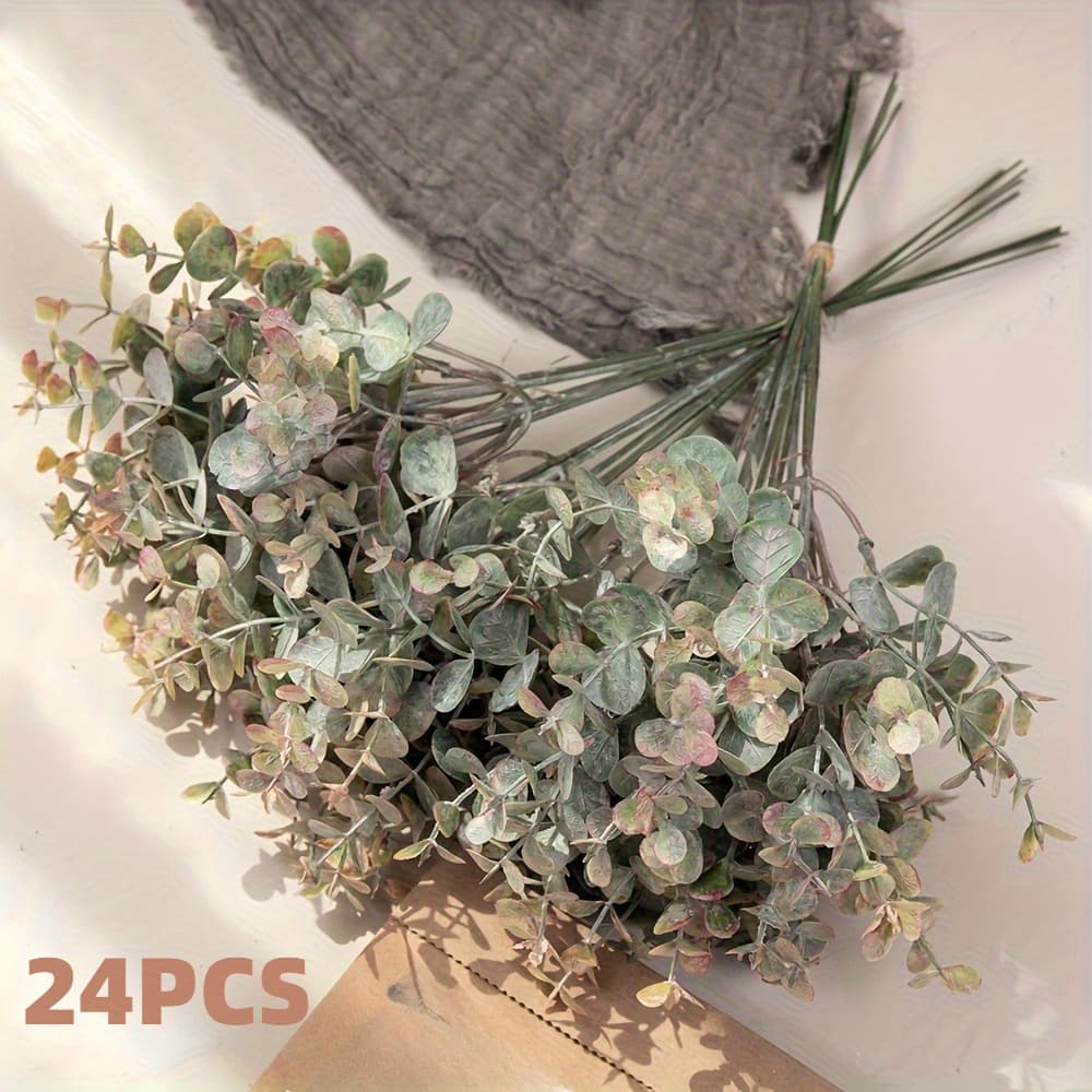 TEMU 24pcs Autumn Eucalyptus Stems, Artificial Eucalyptus Leaves Decorative Branches, Fade-resistant Plastic Faux Fall Flowers For Wedding Centerpieces, Reunion