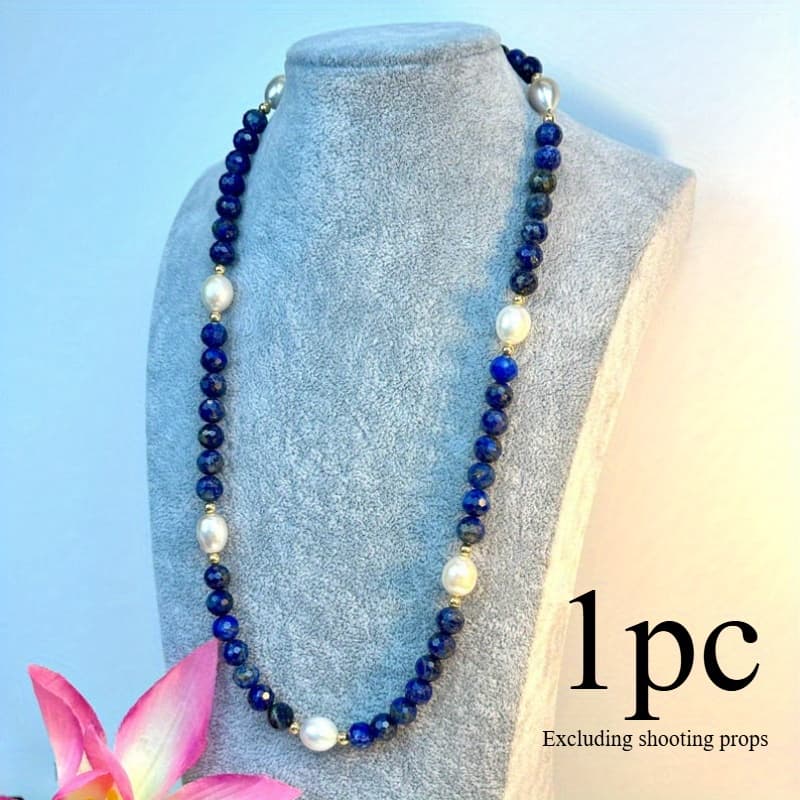 TEMU Simple Stone Women's Holiday Surprise Gift Blue Lapis And Freshwater Pearls Mixed Bead Necklace